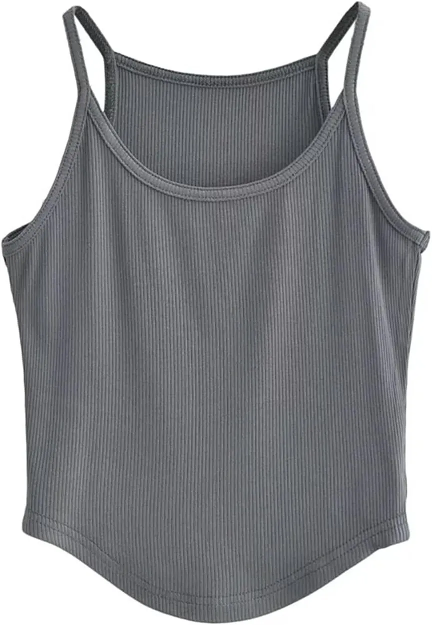 Women's Round Neck Spaghetti Strap Camisole Ribbed Slim Fit Summer Everyday Tank Top