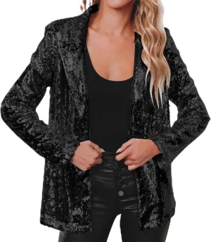 Women's Sequin Blazer Sparkly Party ChristmasLong Sleeve Lapel Open Front Glitter Sequin Jacket