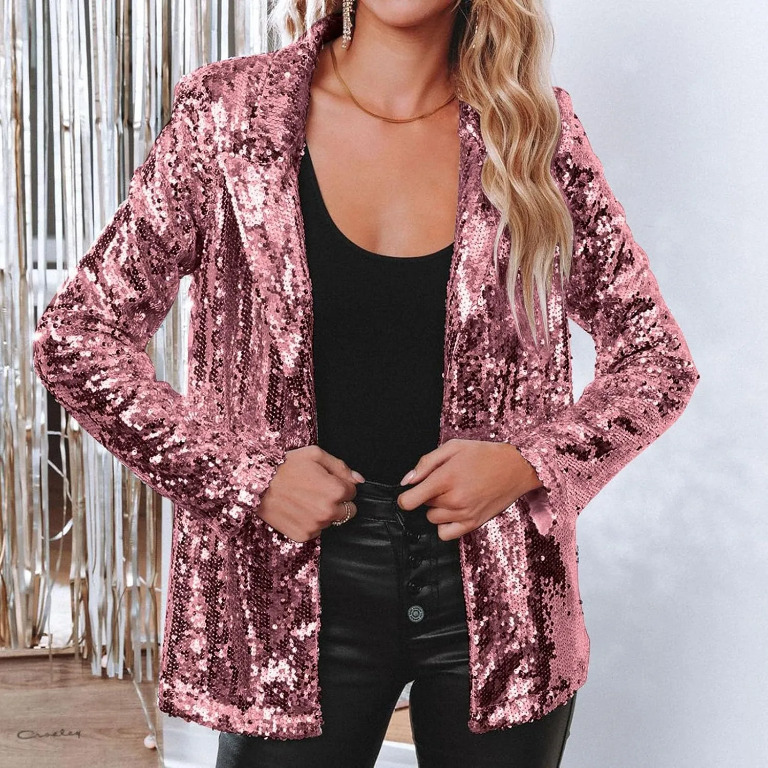 Women's Sequin Blazer Sparkly Party ChristmasLong Sleeve Lapel Open Front Glitter Sequin Jacket