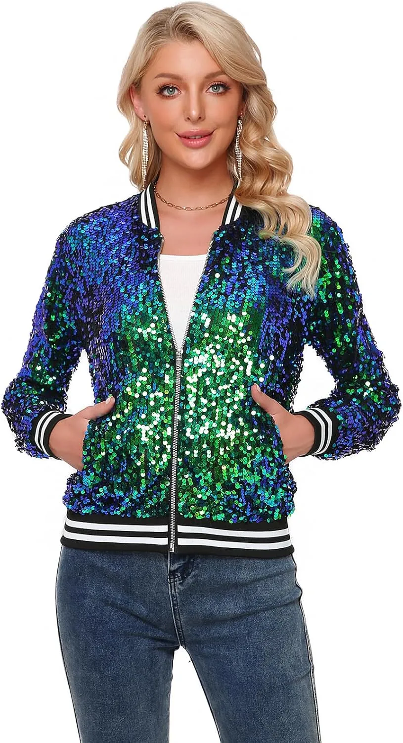 Womens Sequin Jacket Long Sleeve Zipper with Pockets Casual Party Sequin Bomber Jacket