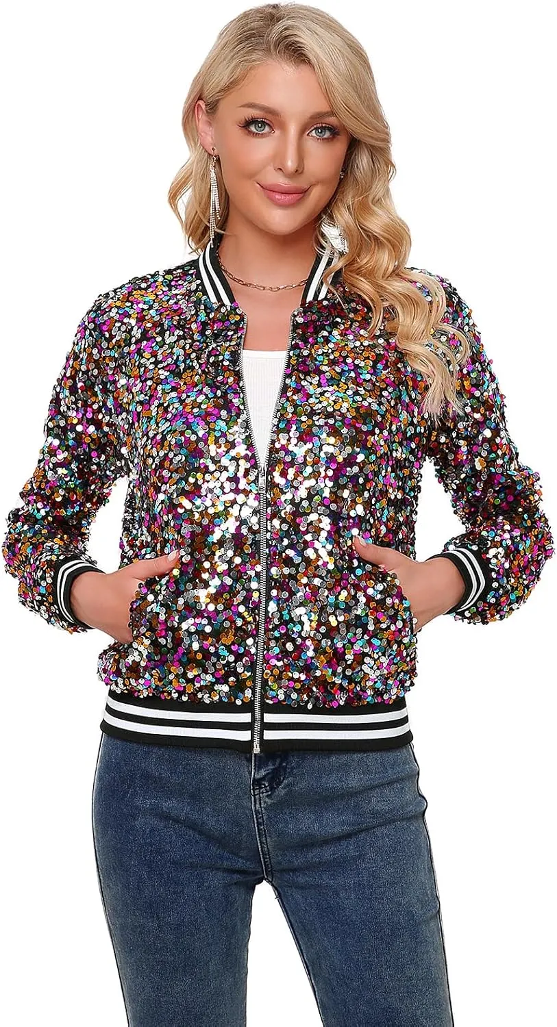 Womens Sequin Jacket Long Sleeve Zipper with Pockets Casual Party Sequin Bomber Jacket