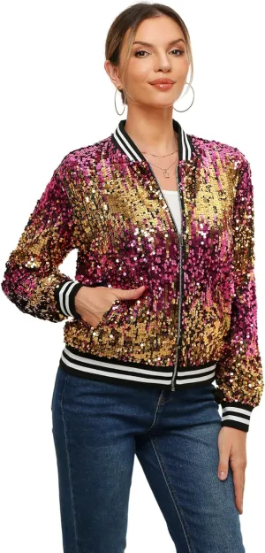 Womens Sequin Jacket Long Sleeve Zipper with Pockets Casual Party Sequin Bomber Jacket