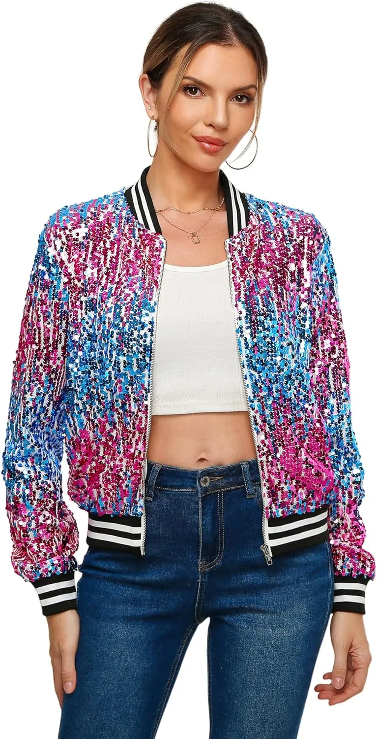 Womens Sequin Jacket Long Sleeve Zipper with Pockets Casual Party Sequin Bomber Jacket