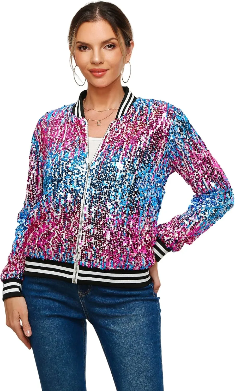 Womens Sequin Jacket Long Sleeve Zipper with Pockets Casual Party Sequin Bomber Jacket