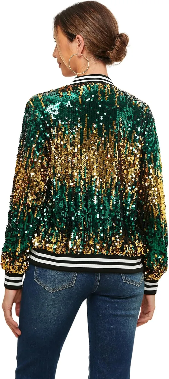Womens Sequin Jacket Long Sleeve Zipper with Pockets Casual Party Sequin Bomber Jacket