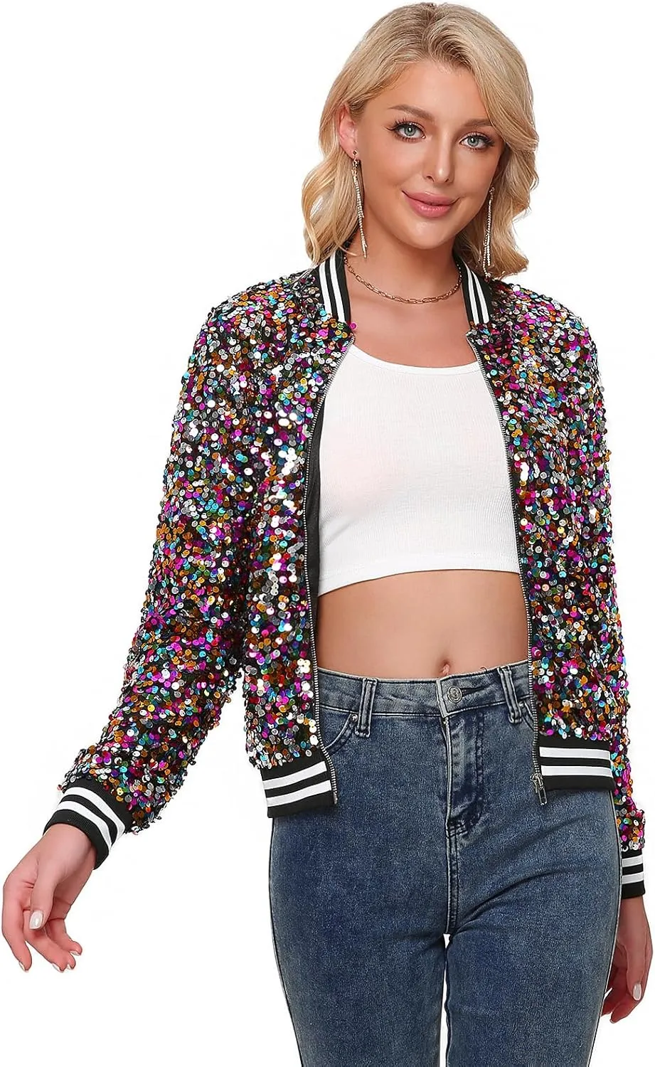Womens Sequin Jacket Long Sleeve Zipper with Pockets Casual Party Sequin Bomber Jacket