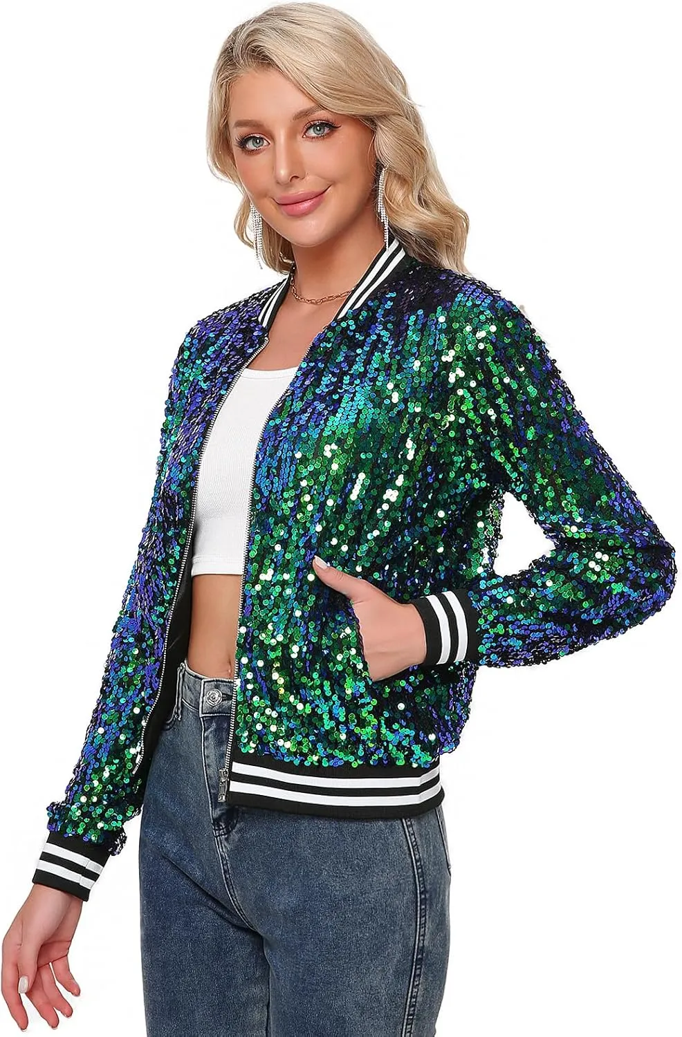 Womens Sequin Jacket Long Sleeve Zipper with Pockets Casual Party Sequin Bomber Jacket