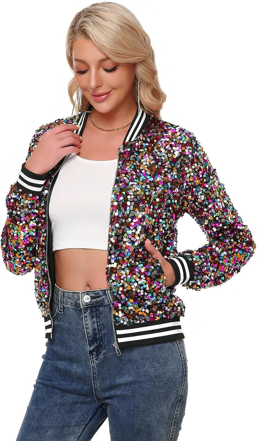 Womens Sequin Jacket Long Sleeve Zipper with Pockets Casual Party Sequin Bomber Jacket