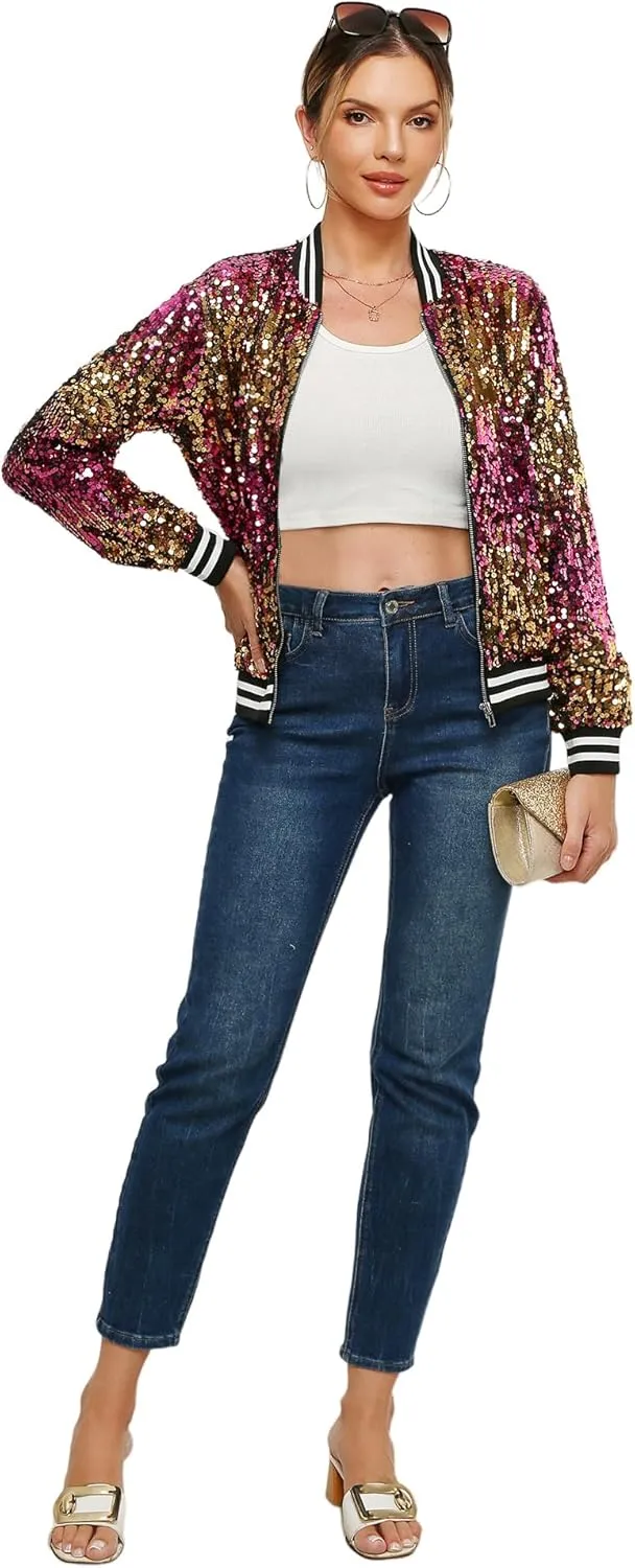 Womens Sequin Jacket Long Sleeve Zipper with Pockets Casual Party Sequin Bomber Jacket