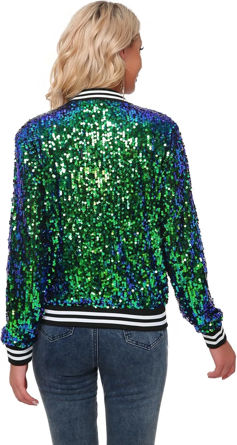 Womens Sequin Jacket Long Sleeve Zipper with Pockets Casual Party Sequin Bomber Jacket