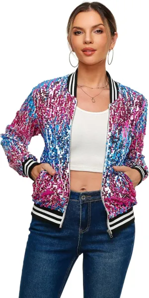 Womens Sequin Jacket Long Sleeve Zipper with Pockets Casual Party Sequin Bomber Jacket