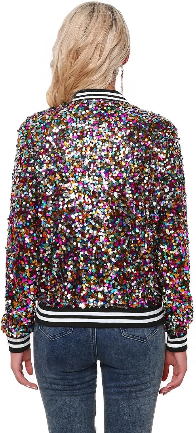 Womens Sequin Jacket Long Sleeve Zipper with Pockets Casual Party Sequin Bomber Jacket