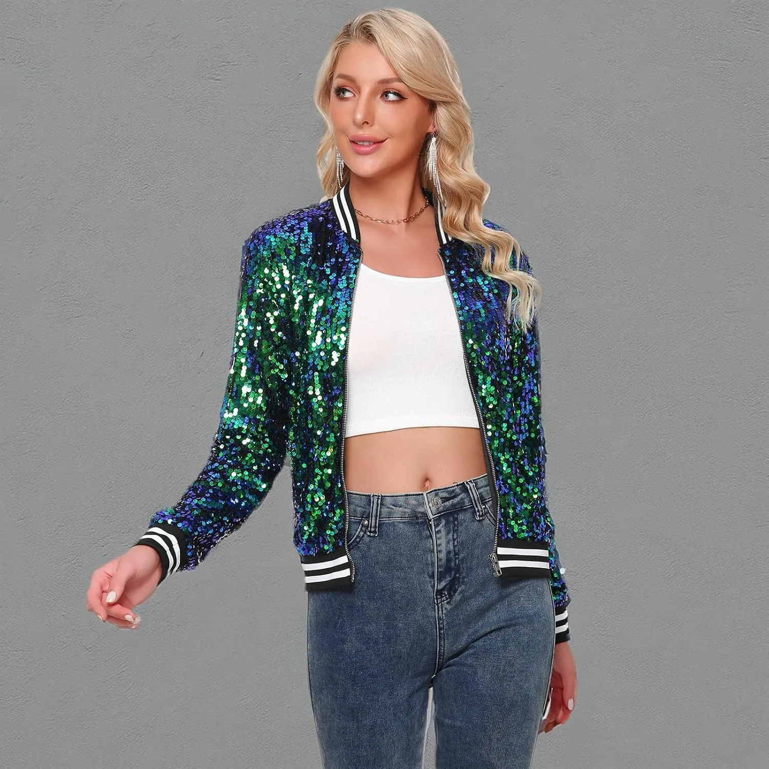 Womens Sequin Jacket Long Sleeve Zipper with Pockets Casual Party Sequin Bomber Jacket