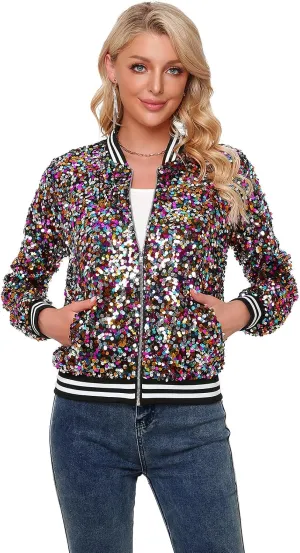 Womens Sequin Jacket Long Sleeve Zipper with Pockets Casual Party Sequin Bomber Jacket