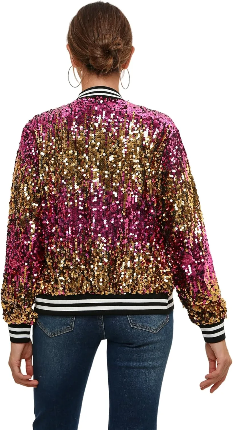 Womens Sequin Jacket Long Sleeve Zipper with Pockets Casual Party Sequin Bomber Jacket