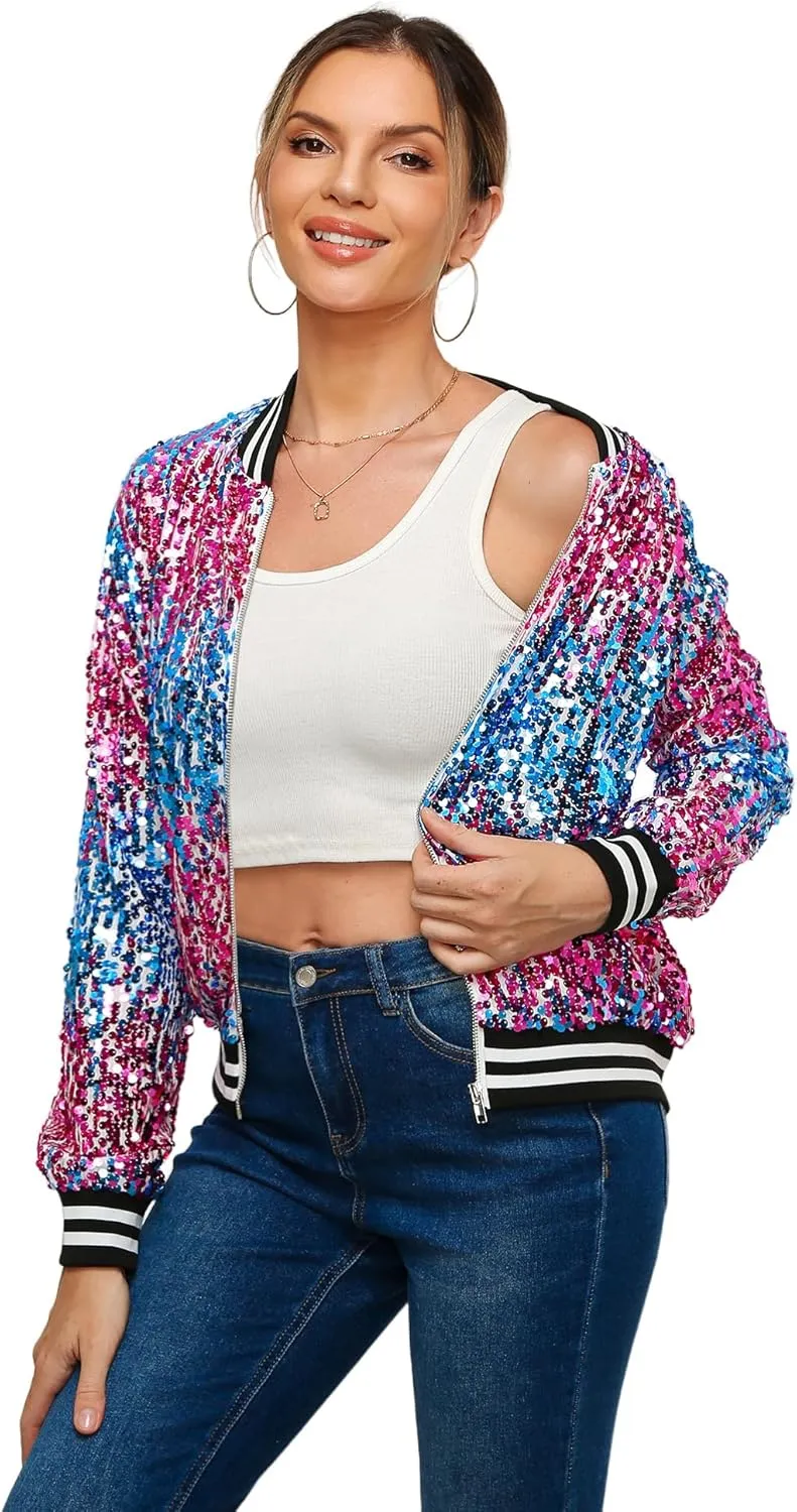 Womens Sequin Jacket Long Sleeve Zipper with Pockets Casual Party Sequin Bomber Jacket