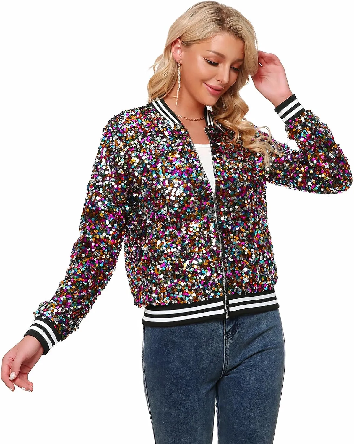 Womens Sequin Jacket Long Sleeve Zipper with Pockets Casual Party Sequin Bomber Jacket