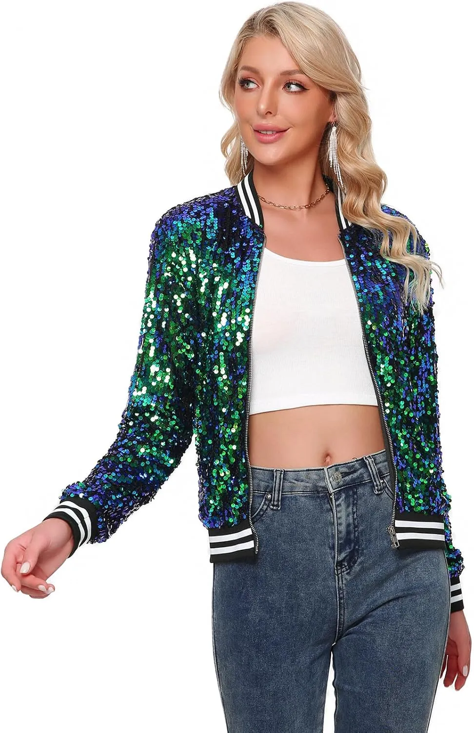 Womens Sequin Jacket Long Sleeve Zipper with Pockets Casual Party Sequin Bomber Jacket
