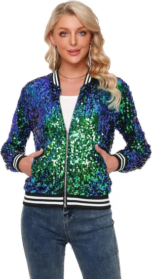 Womens Sequin Jacket Long Sleeve Zipper with Pockets Casual Party Sequin Bomber Jacket