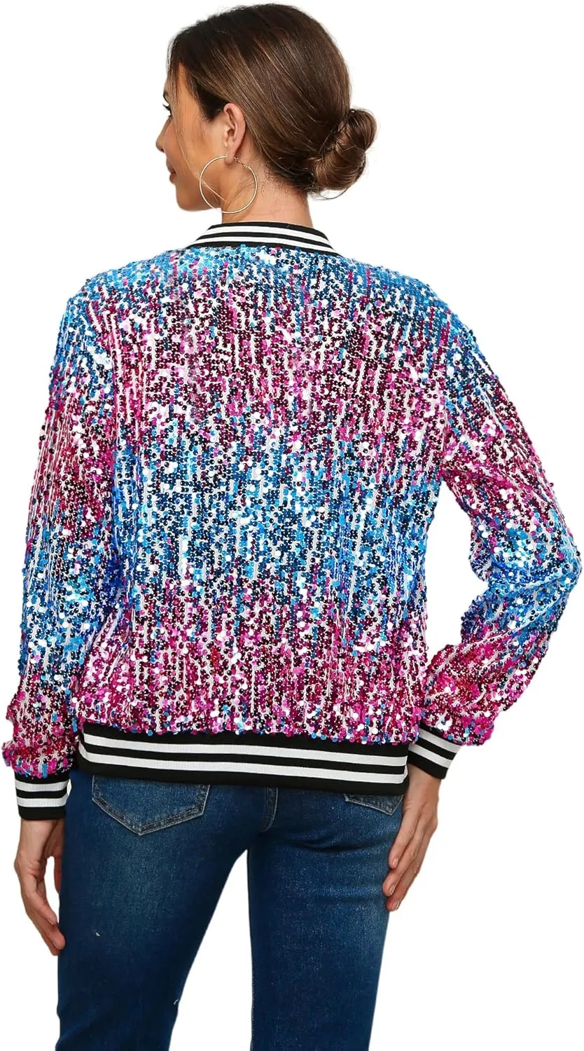 Womens Sequin Jacket Long Sleeve Zipper with Pockets Casual Party Sequin Bomber Jacket