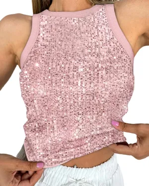 Women's Sequin Tank Top Sparkle Glitter Summer Sleeveless Blouse Crew Neck Slim Fit Club Party Vest