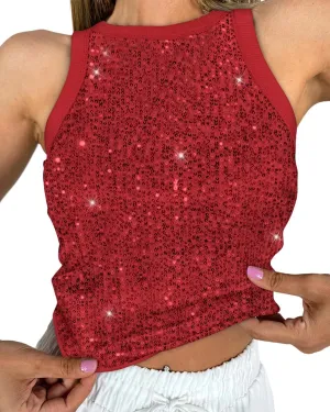 Women's Sequin Tank Top Sparkle Glitter Summer Sleeveless Blouse Crew Neck Slim Fit Club Party Vest