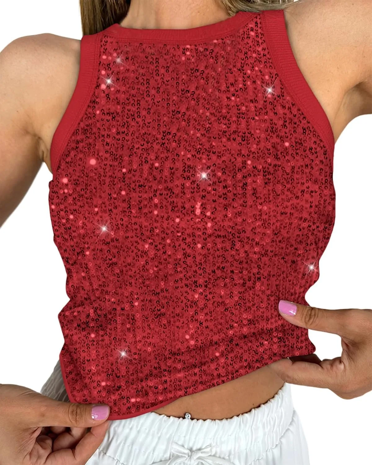 Women's Sequin Tank Top Sparkle Glitter Summer Sleeveless Blouse Crew Neck Slim Fit Club Party Vest