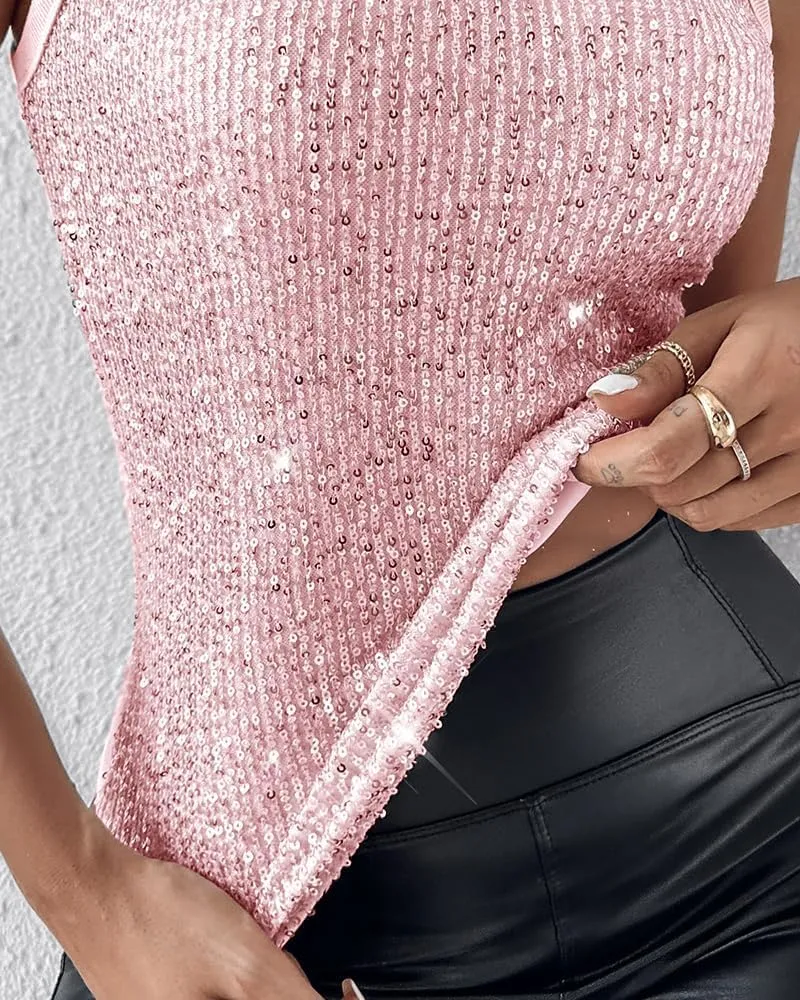 Women's Sequin Tank Top Sparkle Glitter Summer Sleeveless Blouse Crew Neck Slim Fit Club Party Vest