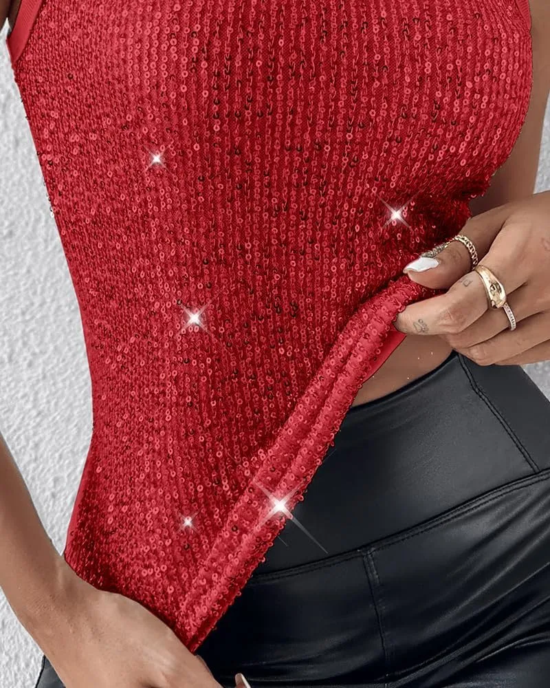 Women's Sequin Tank Top Sparkle Glitter Summer Sleeveless Blouse Crew Neck Slim Fit Club Party Vest