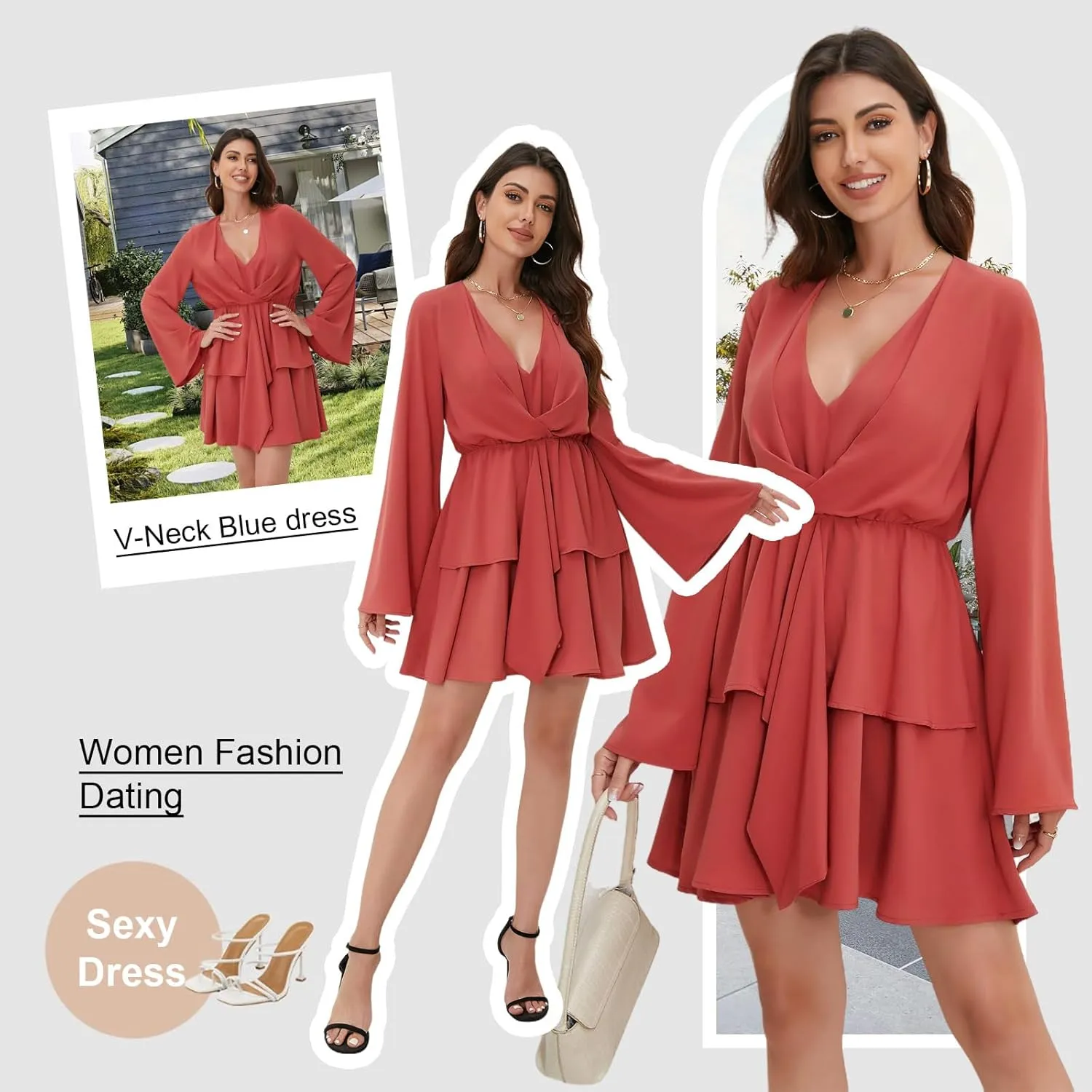 Women's Sexy V-Neck Long Sleeved Waist Pleated Hem Flowing and Swaying Mini A-line Skirt