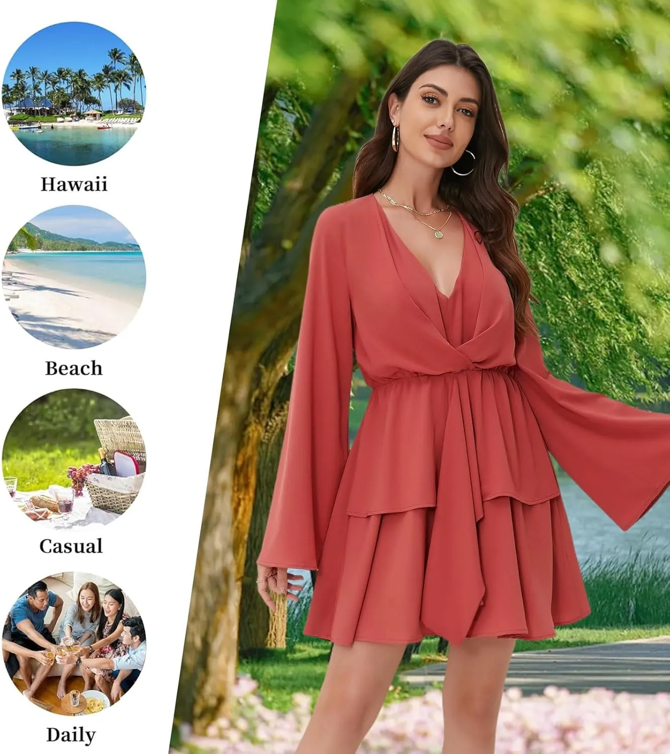 Women's Sexy V-Neck Long Sleeved Waist Pleated Hem Flowing and Swaying Mini A-line Skirt