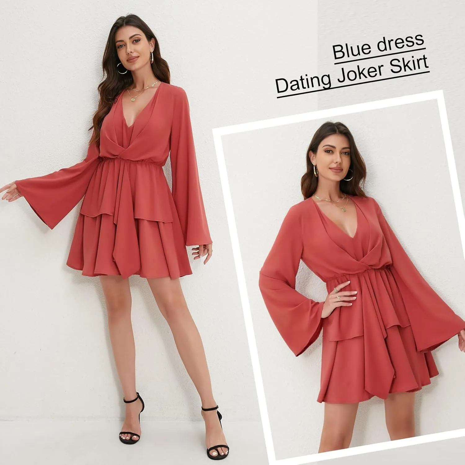 Women's Sexy V-Neck Long Sleeved Waist Pleated Hem Flowing and Swaying Mini A-line Skirt