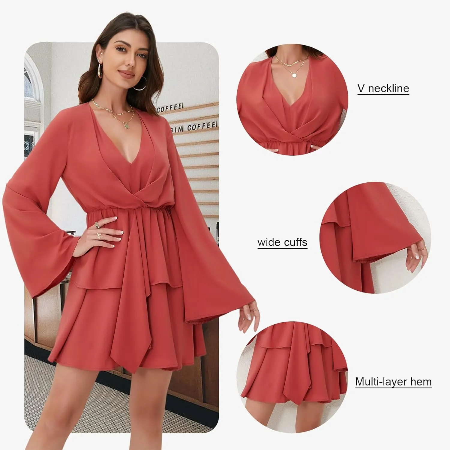 Women's Sexy V-Neck Long Sleeved Waist Pleated Hem Flowing and Swaying Mini A-line Skirt