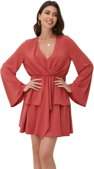 Women's Sexy V-Neck Long Sleeved Waist Pleated Hem Flowing and Swaying Mini A-line Skirt