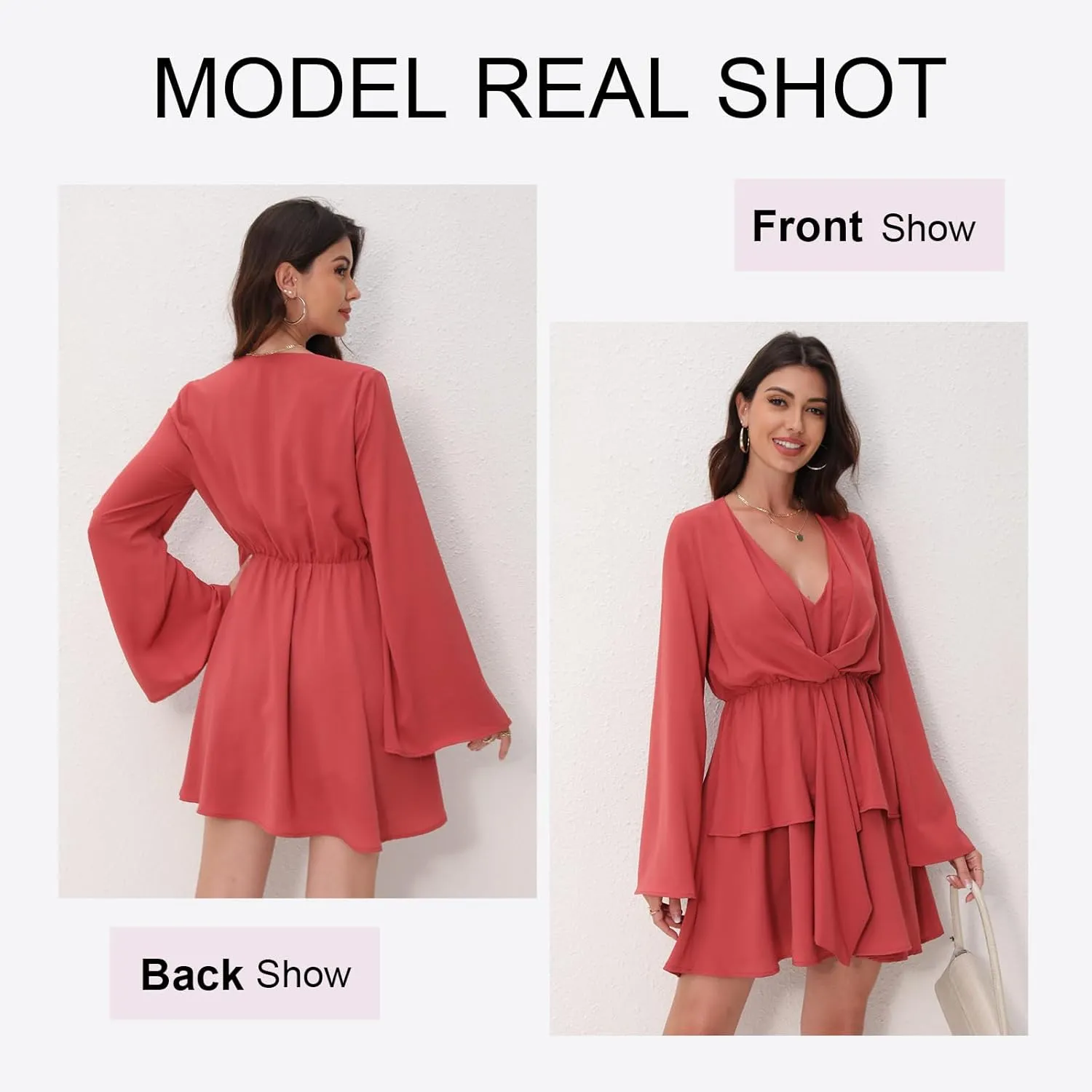 Women's Sexy V-Neck Long Sleeved Waist Pleated Hem Flowing and Swaying Mini A-line Skirt