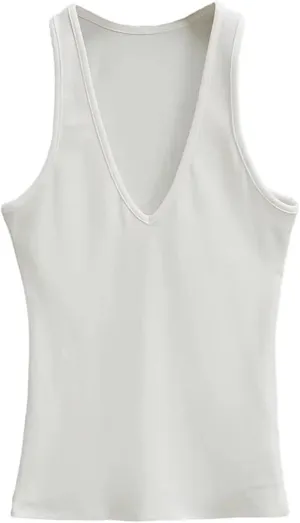 Women's Sleeveless Deep V Neck Camisole Slim Fit Solid Color Casual Street Tank Top