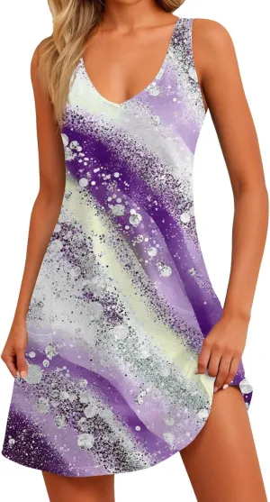 Women's Sleeveless Summer Dress V-Neck Casual Loose Fit with Abstract Purple Print, Lightweight and Breathable