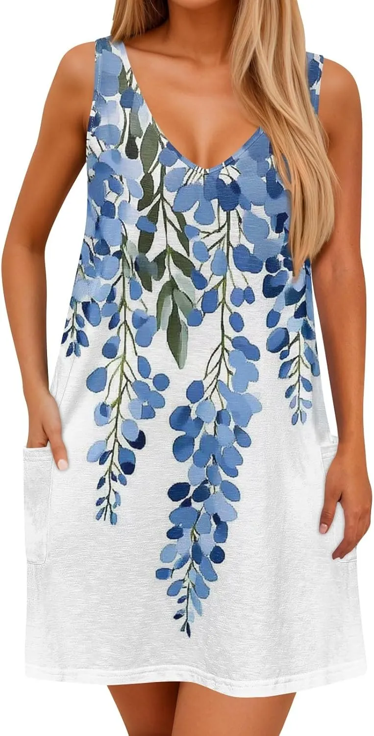 Women's Sleeveless Summer Dress V-Neck Casual Loose Fit with Abstract Purple Print, Lightweight and Breathable