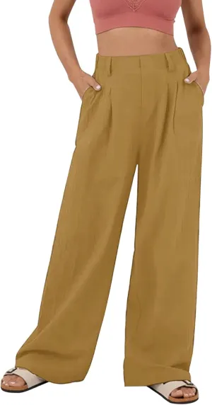 Womens Solid Color High Waist Dress Pants Wide Leg Back Elastic Waist Business Trousers Casual Loose Suit Pants with Pockets