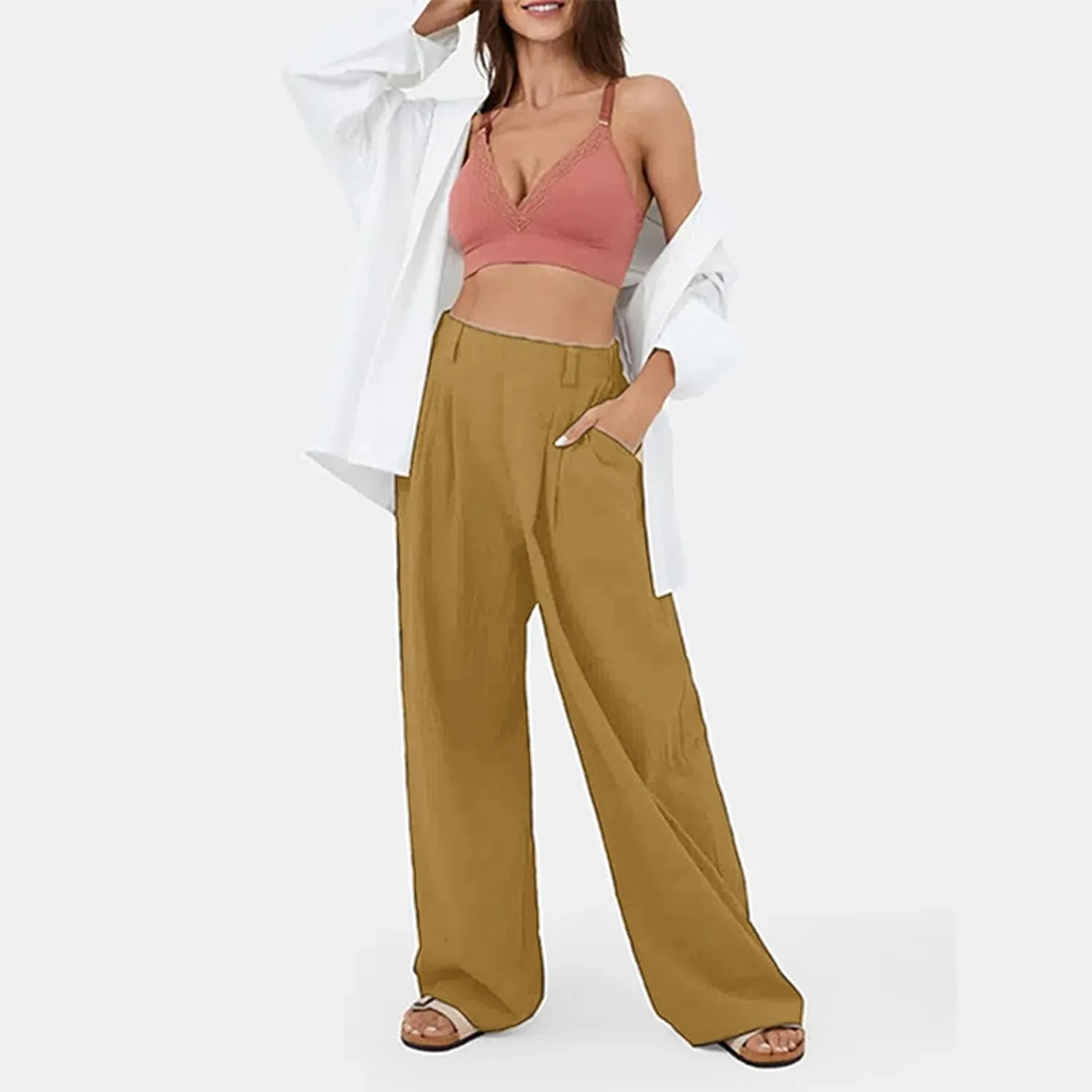 Womens Solid Color High Waist Dress Pants Wide Leg Back Elastic Waist Business Trousers Casual Loose Suit Pants with Pockets