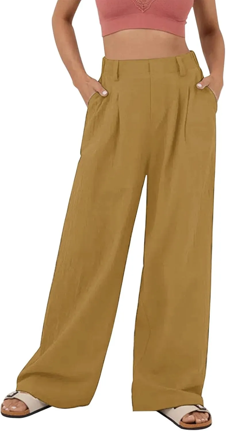 Womens Solid Color High Waist Dress Pants Wide Leg Back Elastic Waist Business Trousers Casual Loose Suit Pants with Pockets