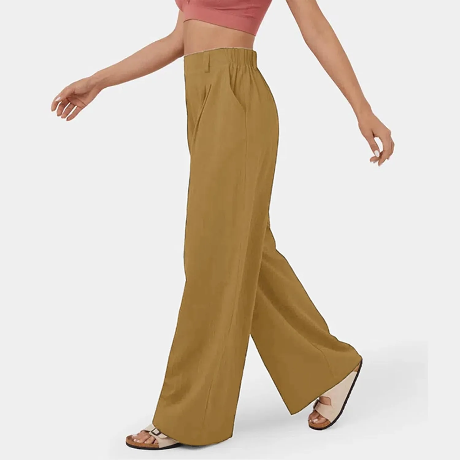 Womens Solid Color High Waist Dress Pants Wide Leg Back Elastic Waist Business Trousers Casual Loose Suit Pants with Pockets