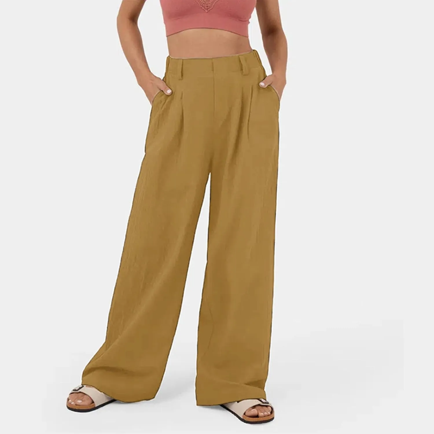 Womens Solid Color High Waist Dress Pants Wide Leg Back Elastic Waist Business Trousers Casual Loose Suit Pants with Pockets