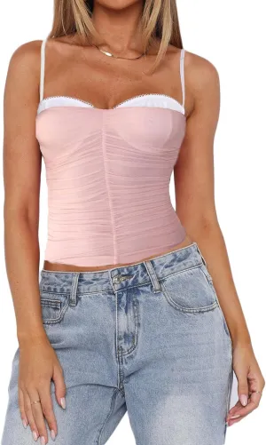 Women's Spaghetti Strap Tank Top Sexy Camisole Lace Trim Backless Cami Bustier Shirt Y2K Summer Going Out Tops