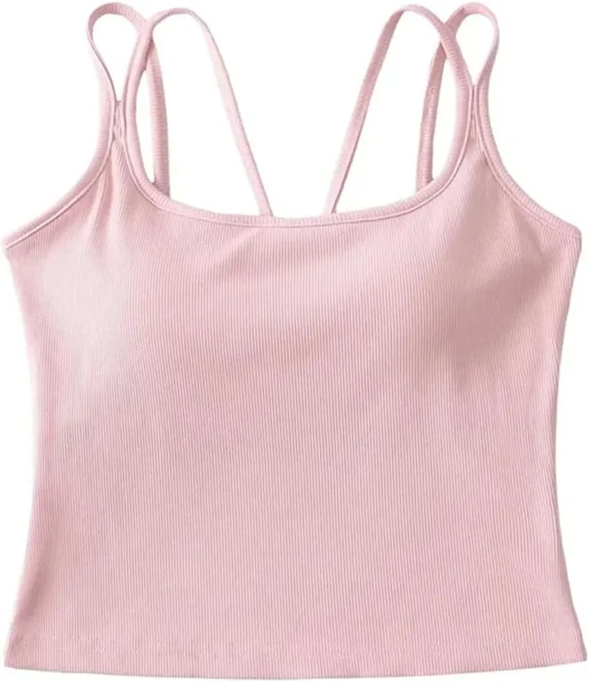 Women's Square Neck Camisole Short Tank Top Built-in Chest Pad Summer Casual Camisole