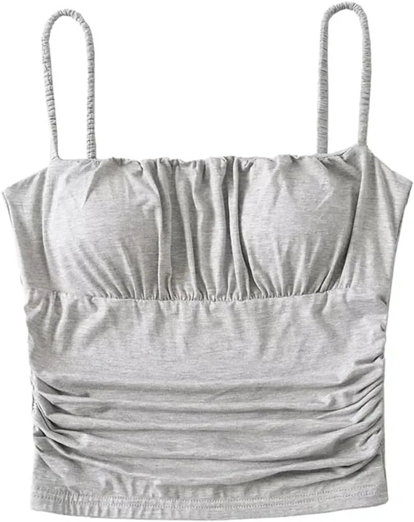 Women's Square Neck Camisole Spaghetti Straps Pleated Slim Fit Built-in Chest Pad Tank Top