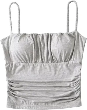 Women's Square Neck Camisole Spaghetti Straps Pleated Slim Fit Built-in Chest Pad Tank Top