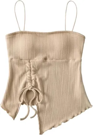 Women's Square Neck Camisole Spaghetti Straps Ruched Drawstring Vertical Ribbed Irregular Hem Tank Top