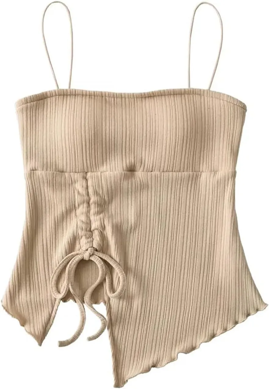 Women's Square Neck Camisole Spaghetti Straps Ruched Drawstring Vertical Ribbed Irregular Hem Tank Top