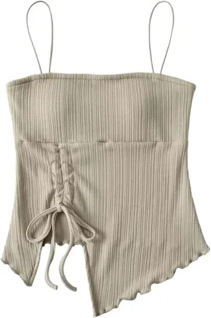 Women's Square Neck Camisole Spaghetti Straps Ruched Drawstring Vertical Ribbed Irregular Hem Tank Top